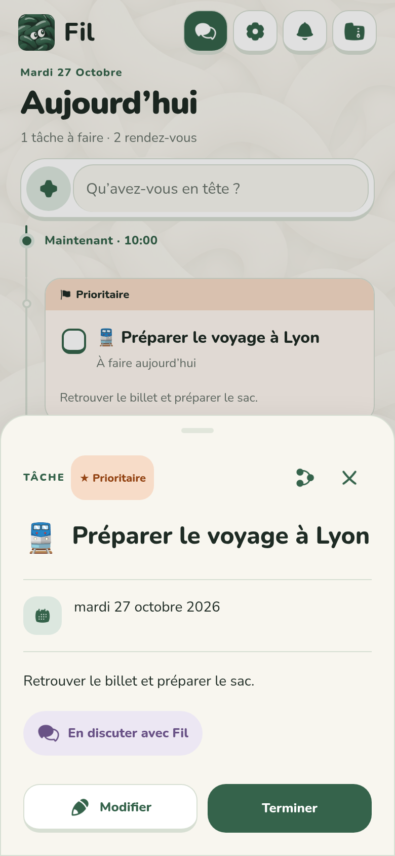 A task’s details, in Fil — French interface