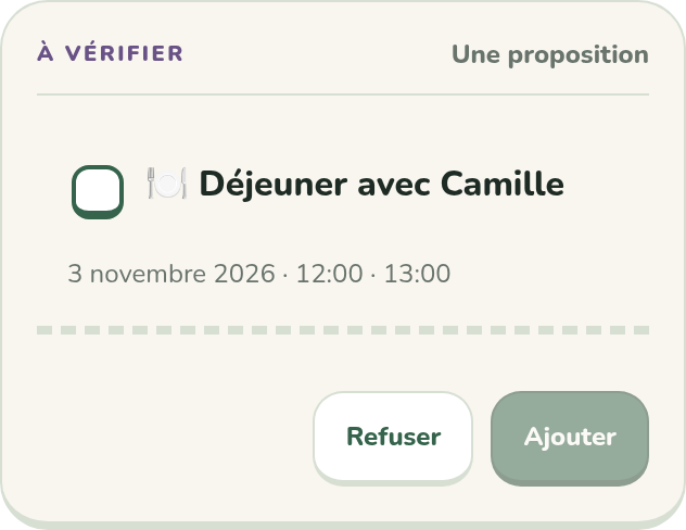 2. Vous vérifiez : Déjeuner avec Camille